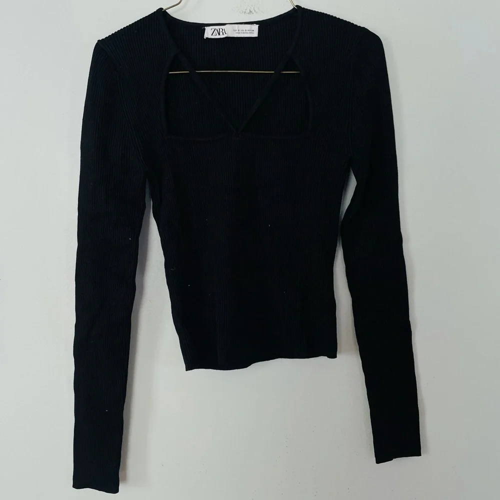 ZARA Square Neck Ribbed Long Sleeve Top – Black